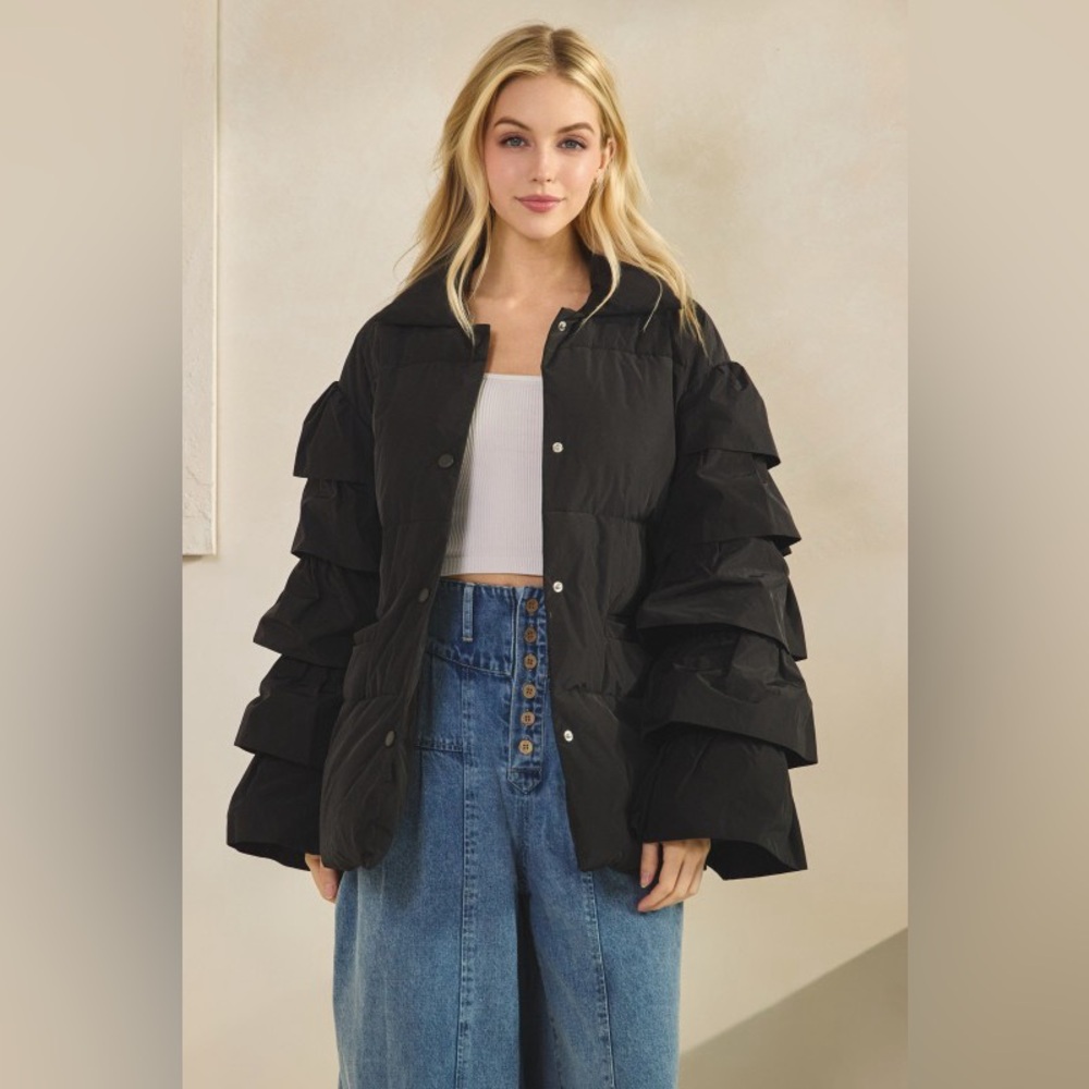 #136 Ruffle Puffer Jacket- Black - Picture 2 of 6